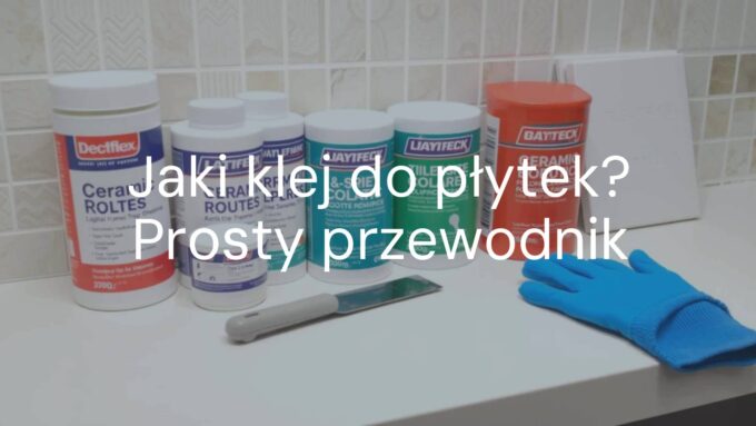 A neatly arranged selection of tile adhesives and ceramic tiles on a clean work surface, with trowel and gloves, bright and professional lighting, realistic.