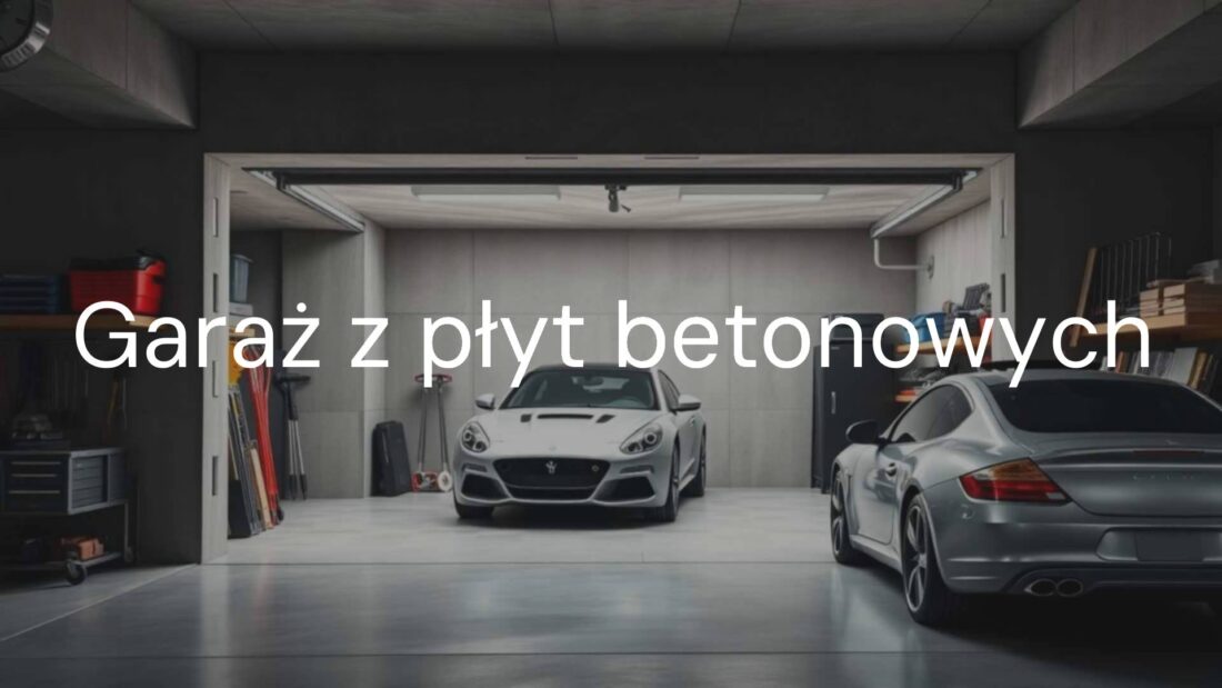A sturdy concrete panel garage, modern design, parked car inside, tools on shelves, realistic lighting, durable construction.
