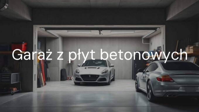 A sturdy concrete panel garage, modern design, parked car inside, tools on shelves, realistic lighting, durable construction.