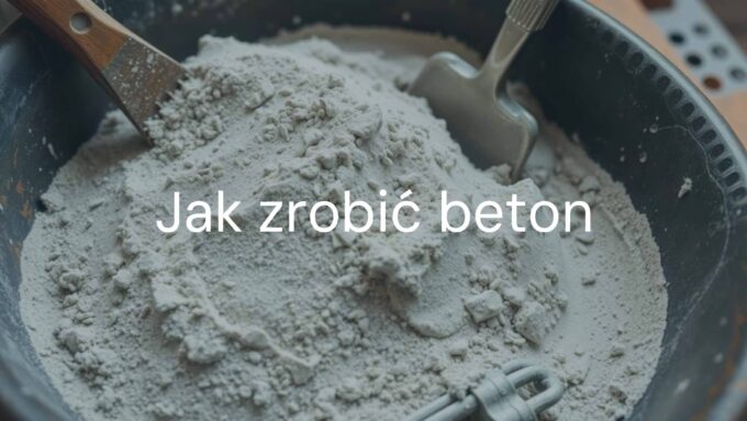 A detailed close-up of a strong concrete mix being prepared, showing cement, sand, gravel, and water in a wheelbarrow, with a trowel and mixing tools nearby, realistic.