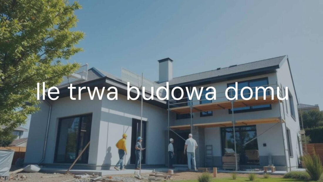 Construction of a modern house, half-built with visible scaffolding, workers and materials, sunny day, realistic.