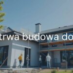 Construction of a modern house, half-built with visible scaffolding, workers and materials, sunny day, realistic.