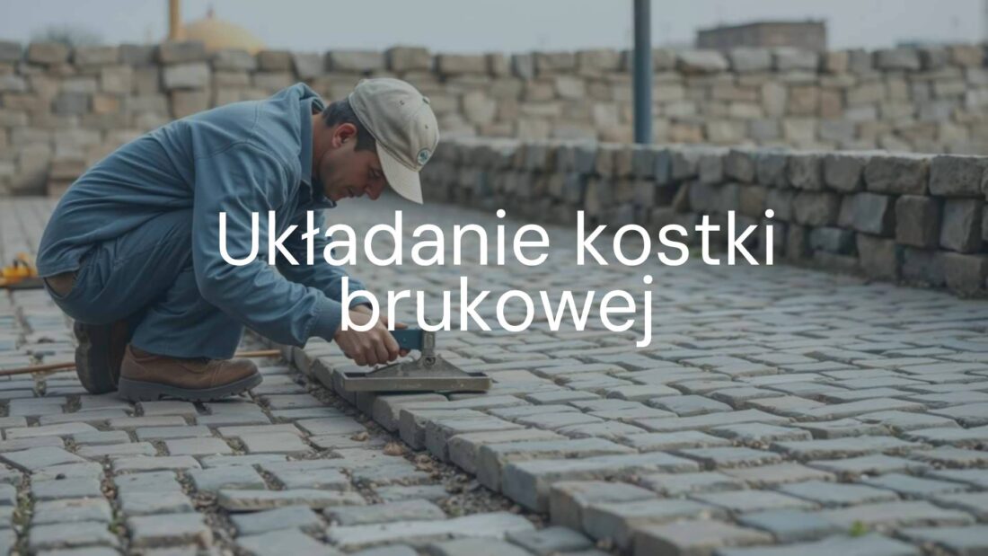A worker laying cobblestone pavement outdoors, detailed process, precision tools, realistic.