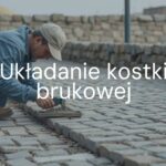 A worker laying cobblestone pavement outdoors, detailed process, precision tools, realistic.