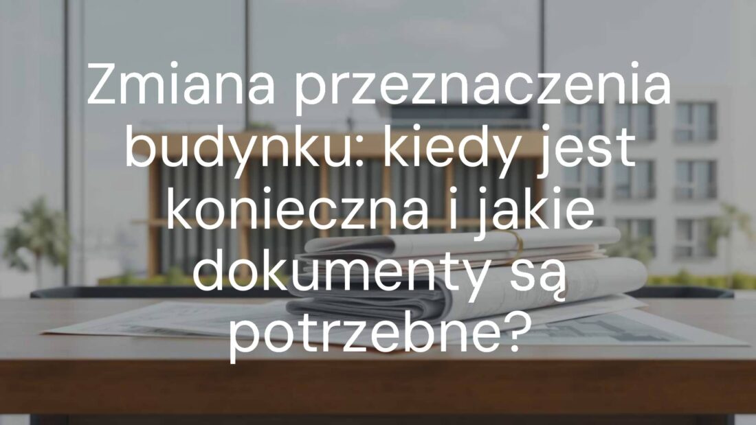 A modern building with construction documents, blueprints, and legal papers on a table, professional and clean, realistic style.