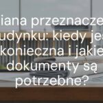 A modern building with construction documents, blueprints, and legal papers on a table, professional and clean, realistic style.