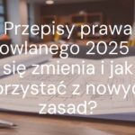 Blueprints and architectural drawings on a desk with a '2025' stamp, modern office setting with construction tools in the background, professional and clear.