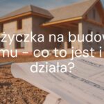 A construction site with a half-built house, blueprints in the foreground, bank documents nearby, realistic style.