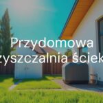 A modern home with a compact sewage treatment system in the backyard, green grass, sunny day, realistic.