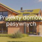 Modern passive house with large windows, solar panels, green roof, sunny day, eco-friendly, realistic.