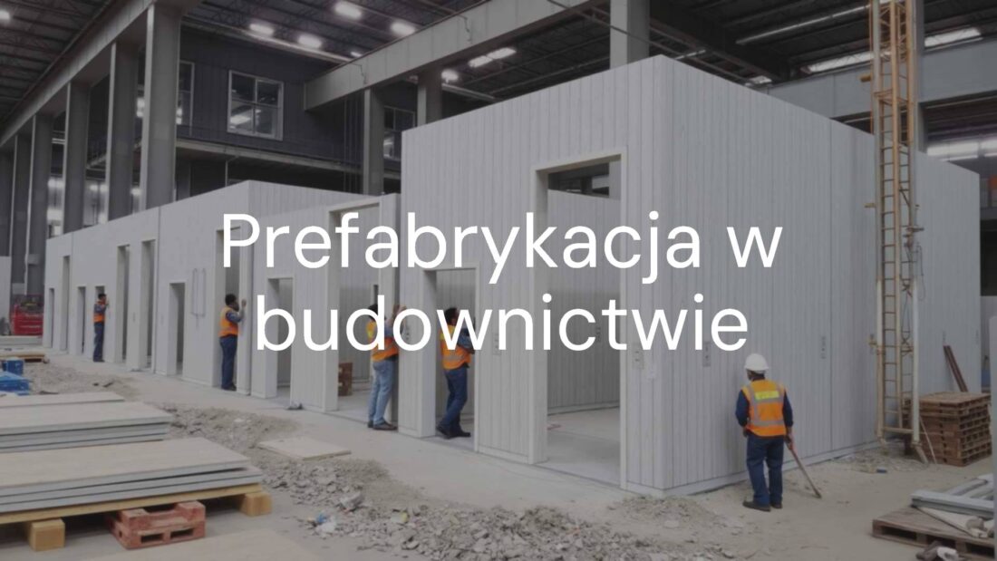 Modern construction site with prefabricated building elements, workers assembling walls, industrial vibe, realistic.