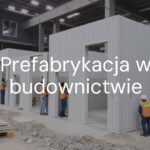 Modern construction site with prefabricated building elements, workers assembling walls, industrial vibe, realistic.