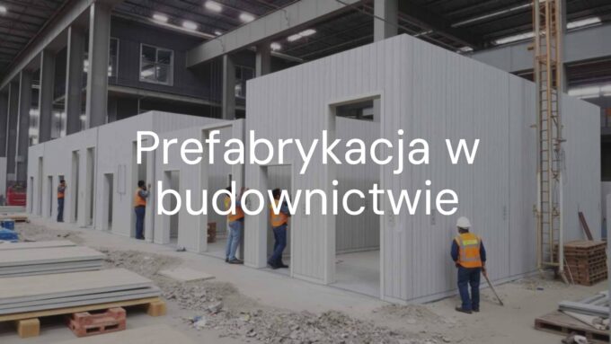 Modern construction site with prefabricated building elements, workers assembling walls, industrial vibe, realistic.