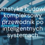 Modern smart building control panel with glowing touchscreen, displaying energy usage graphs and temperature controls, futuristic blue lighting, high-tech office background.