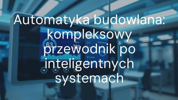 Modern smart building control panel with glowing touchscreen, displaying energy usage graphs and temperature controls, futuristic blue lighting, high-tech office background.