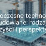 Modern construction technologies, futuristic building site with 3D printing and prefabricated elements, digital blueprints in the air, clean and efficient urban environment, realistic.